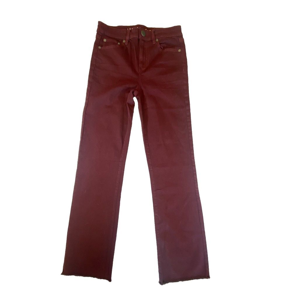 American Eagle Womens Jeans Sz 4 Crop Flare Next Level Stretch Raw Hem Burgandy